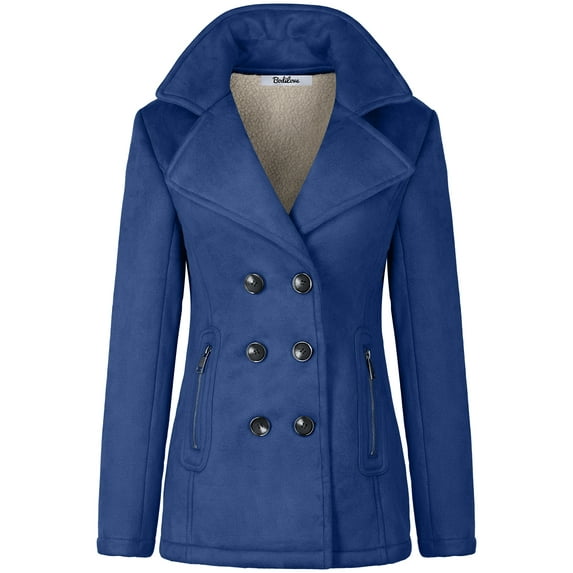 BodiLover, Women's, Soft Faux Suede Warm Pea Coat w/ Sherpa Lining, Navy, M