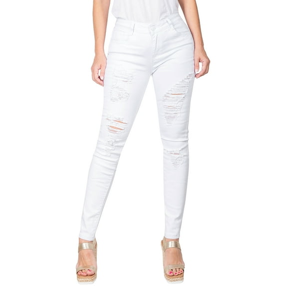BodiLover, Women's, Stretchy 5 Pocket Destroyed White Skinny Jeans, White, 13