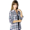 thumbnail image 1 of BodiLover, Women's, Warm Flannel Long Roll Up Sleeve Button Up Plaid Shirt, Grey Purple, XL, 1 of 1