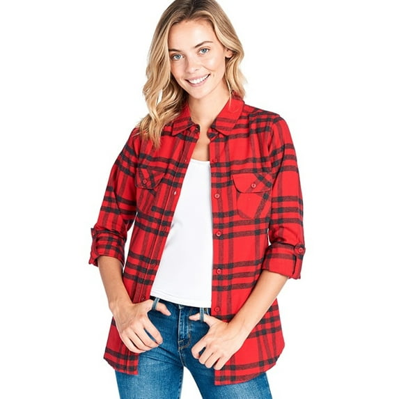 BodiLover, Women's, Warm Flannel Long Roll Up Sleeve Button Up Plaid Shirt, Red Black, M