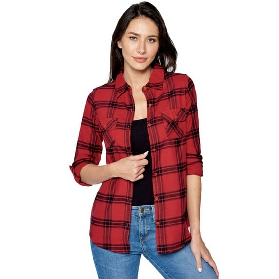 BodiLover, Women's, Warm Flannel Long Roll Up Sleeve Button Up Plaid Shirt, Red, S