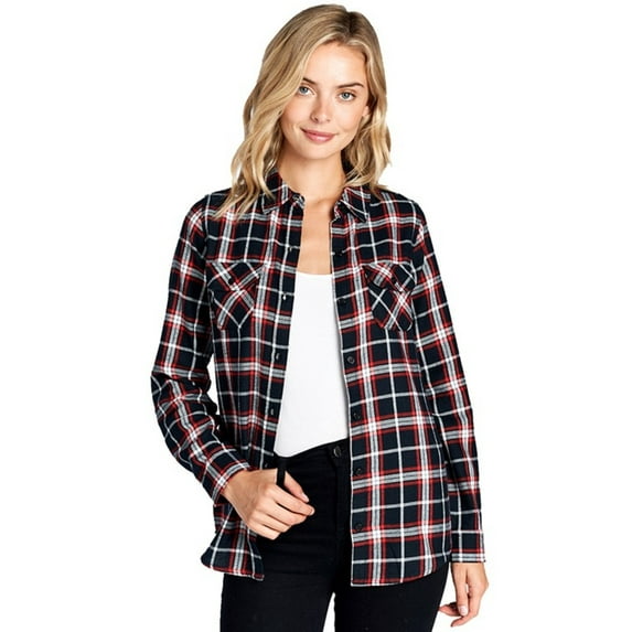 BodiLover, Women's, Warm Flannel Long Roll Up Sleeve Button Up Plaid Shirt, White Black, S