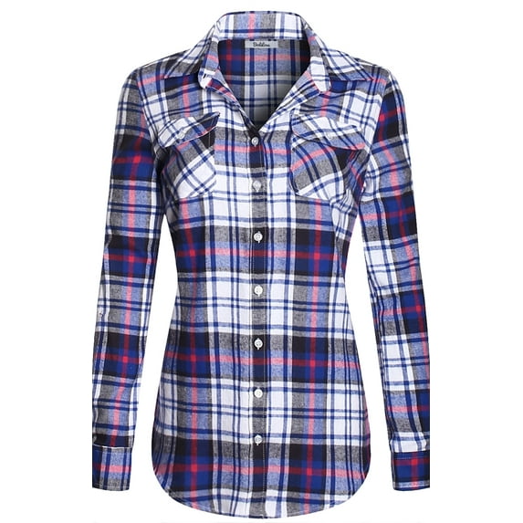 BodiLover, Women's, Warm Flannel Long Roll Up Sleeve Button Up Plaid Shirt, White Blue, S