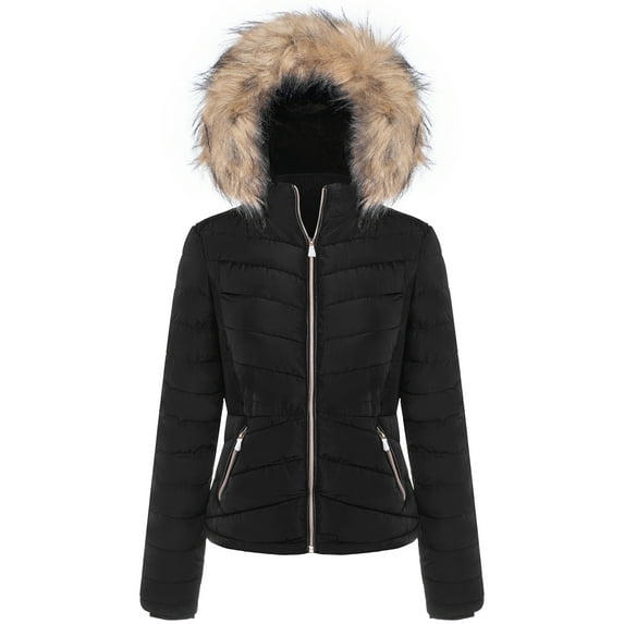 BodiLover, Women's, Winter Quilted Puffer Short Coat High Collar Jacket with Removable Faux Fur Hood Zipper Vegan Leather Piping, Black, 2X