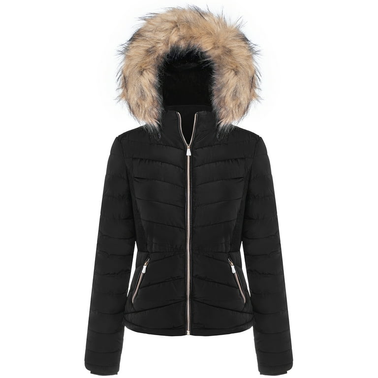 BodiLover, Women's, Winter Quilted Puffer Short Coat High Collar Jacket with Removable Faux Fur Hood Zipper Vegan Leather Piping, Black, 3X BodiLover, Women's, Winter Quilted Puffer Short Coat High Collar Jacket with Removable Faux Fur Hood Zipper Vegan Leather Piping, Black, 3X