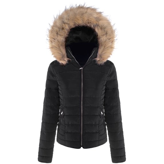 BodiLover, Women's, Winter Quilted Puffer Short Coat High Collar Jacket with Removable Faux Fur Hood Zipper Vegan Leather Piping, Black, L