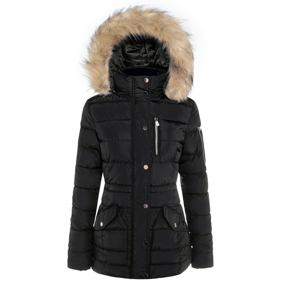 BodiLover, Women's, Winter Quilted Puffer Short Coat High Collar Jacket with Removable Faux Fur Hood Zipper Vegan Leather Piping, Black, M