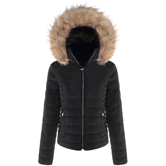 BodiLover, Women's, Winter Quilted Puffer Short Coat High Collar Jacket with Removable Faux Fur Hood Zipper Vegan Leather Piping, Black, XL
