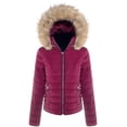 thumbnail image 1 of BodiLover, Women's, Winter Quilted Puffer Short Coat High Collar Jacket with Removable Faux Fur Hood Zipper Vegan Leather Piping, Burgundy, L, 1 of 2