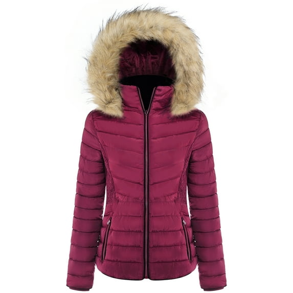 BodiLover, Women's, Winter Quilted Puffer Short Coat High Collar Jacket with Removable Faux Fur Hood Zipper Vegan Leather Piping, Burgundy, S