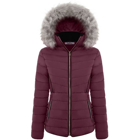 BodiLover, Women's, Winter Quilted Puffer Short Coat High Collar Jacket with Removable Faux Fur Hood Zipper Vegan Leather Piping, Burgundy, XL