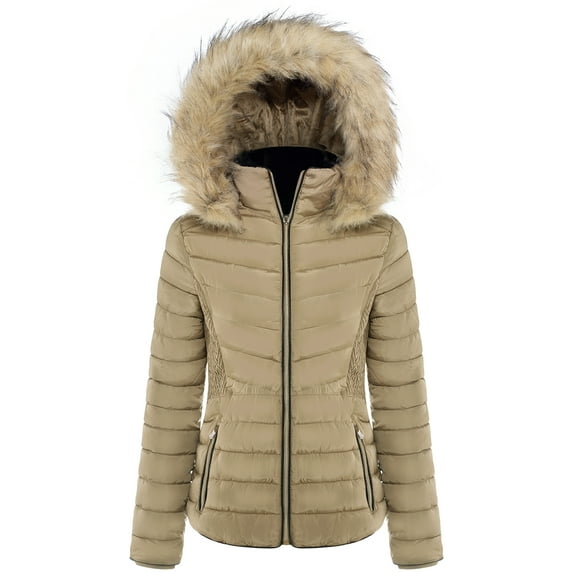 BodiLover, Women's, Winter Quilted Puffer Short Coat High Collar Jacket with Removable Faux Fur Hood Zipper Vegan Leather Piping, Camel, L