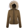 thumbnail image 1 of BodiLover, Women's, Winter Quilted Puffer Short Coat High Collar Jacket with Removable Faux Fur Hood Zipper Vegan Leather Piping, Camel, M, 1 of 2
