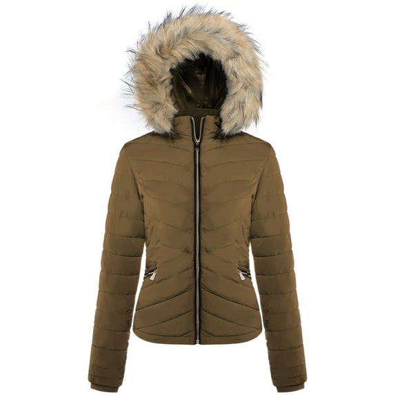 BodiLover, Women's, Winter Quilted Puffer Short Coat High Collar Jacket with Removable Faux Fur Hood Zipper Vegan Leather Piping, Camel, XL
