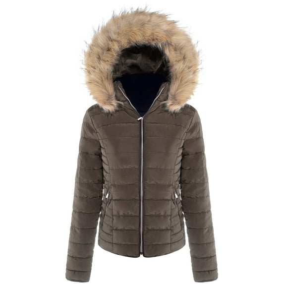 BodiLover, Women's, Winter Quilted Puffer Short Coat High Collar Jacket with Removable Faux Fur Hood Zipper Vegan Leather Piping, Chocolate, M