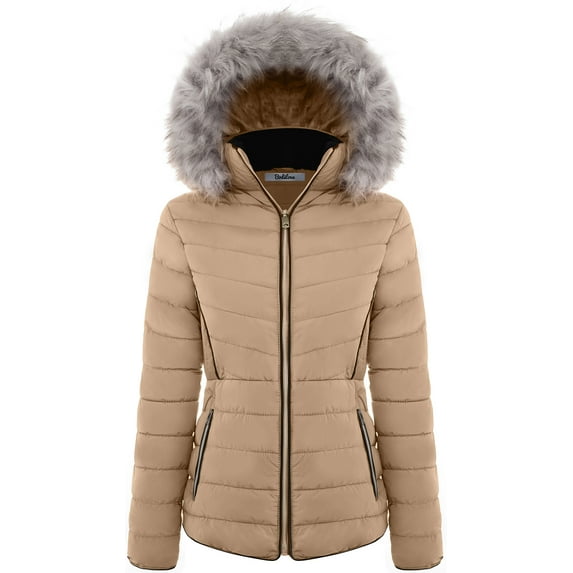 BodiLover, Women's, Winter Quilted Puffer Short Coat High Collar Jacket with Removable Faux Fur Hood Zipper Vegan Leather Piping, Light Brown, L