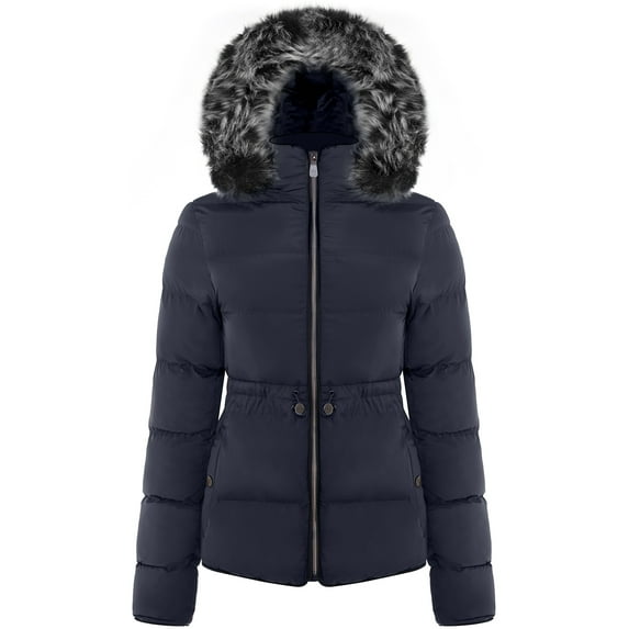 BodiLover, Women's, Winter Quilted Puffer Short Coat High Collar Jacket with Removable Faux Fur Hood Zipper Vegan Leather Piping, Navy, L