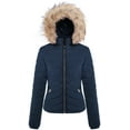 thumbnail image 1 of BodiLover, Women's, Winter Quilted Puffer Short Coat High Collar Jacket with Removable Faux Fur Hood Zipper Vegan Leather Piping, Navy, S, 1 of 2