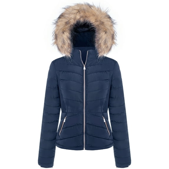 BodiLover, Women's, Winter Quilted Puffer Short Coat High Collar Jacket with Removable Faux Fur Hood Zipper Vegan Leather Piping, Navy, XL