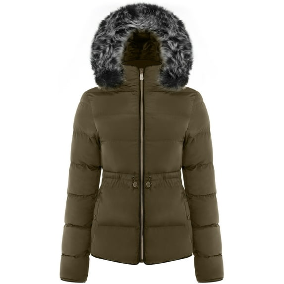 BodiLover, Women's, Winter Quilted Puffer Short Coat High Collar Jacket with Removable Faux Fur Hood Zipper Vegan Leather Piping, Olive, L