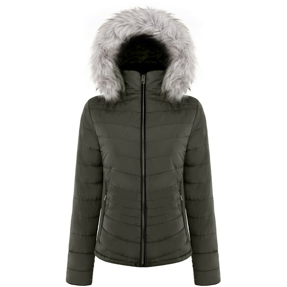 BodiLover, Women's, Winter Quilted Puffer Short Coat High Collar Jacket with Removable Faux Fur Hood Zipper Vegan Leather Piping, Olive, L