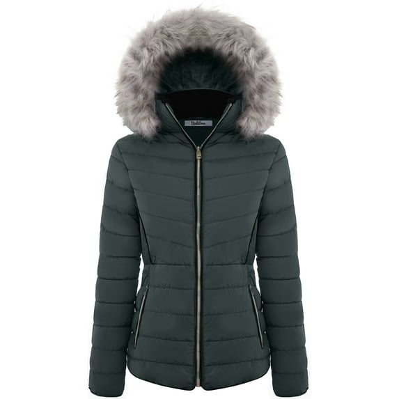 BodiLover, Women's, Winter Quilted Puffer Short Coat High Collar Jacket with Removable Faux Fur Hood Zipper Vegan Leather Piping, Olive, S