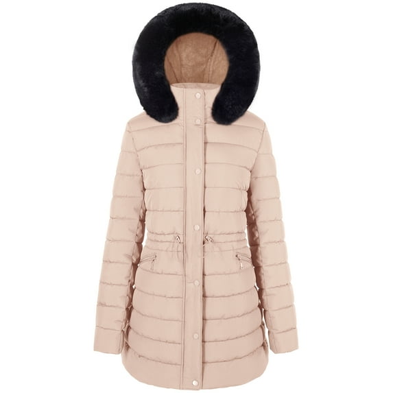 BodiLover, Women's, Winter Quilted Puffer Short Coat Jacket Plus Sizewith Removable Faux Fur Hood and Zipper, Beige, L