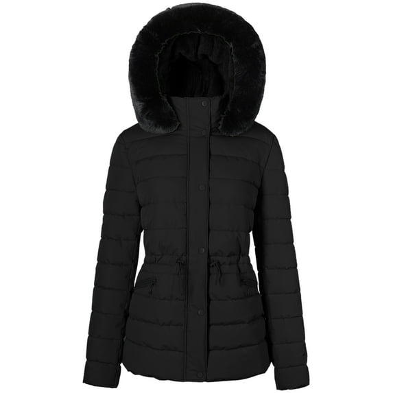BodiLover, Women's, Winter Quilted Puffer Short Coat Jacket Plus Sizewith Removable Faux Fur Hood and Zipper, Black, 1X