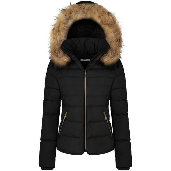 BodiLover, Women's, Winter Quilted Puffer Short Coat Jacket Plus Sizewith Removable Faux Fur Hood and Zipper, Black, 3X