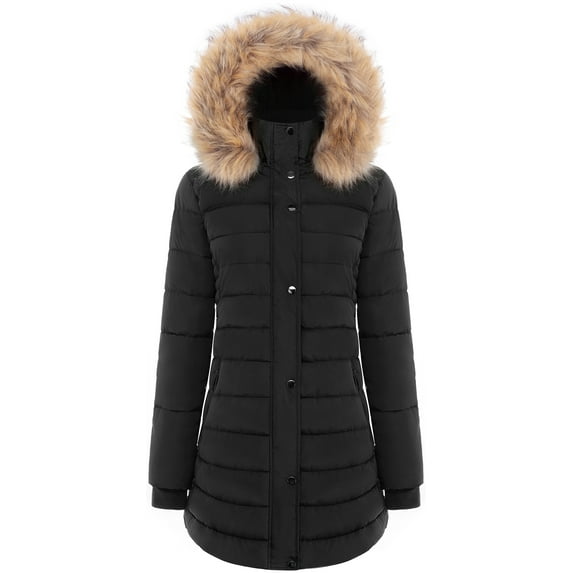 BodiLover, Women's, Winter Quilted Puffer Short Coat Jacket Plus Sizewith Removable Faux Fur Hood and Zipper, Black, M