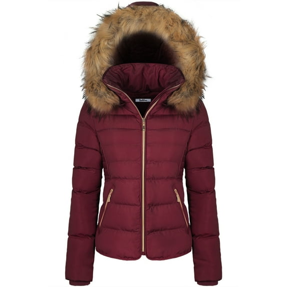 BodiLover, Women's, Winter Quilted Puffer Short Coat Jacket Plus Sizewith Removable Faux Fur Hood and Zipper, Burgundy, 2X