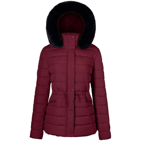 BodiLover, Women's, Winter Quilted Puffer Short Coat Jacket Plus Sizewith Removable Faux Fur Hood and Zipper, Burgundy, 2X