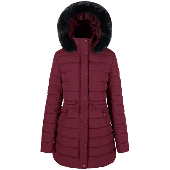 BodiLover, Women's, Winter Quilted Puffer Short Coat Jacket Plus Sizewith Removable Faux Fur Hood and Zipper, Burgundy, S