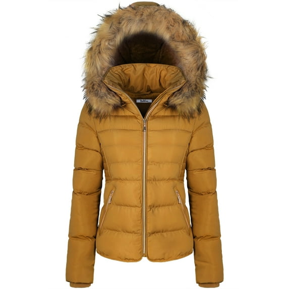 BodiLover, Women's, Winter Quilted Puffer Short Coat Jacket Plus Sizewith Removable Faux Fur Hood and Zipper, Mustard, 3X