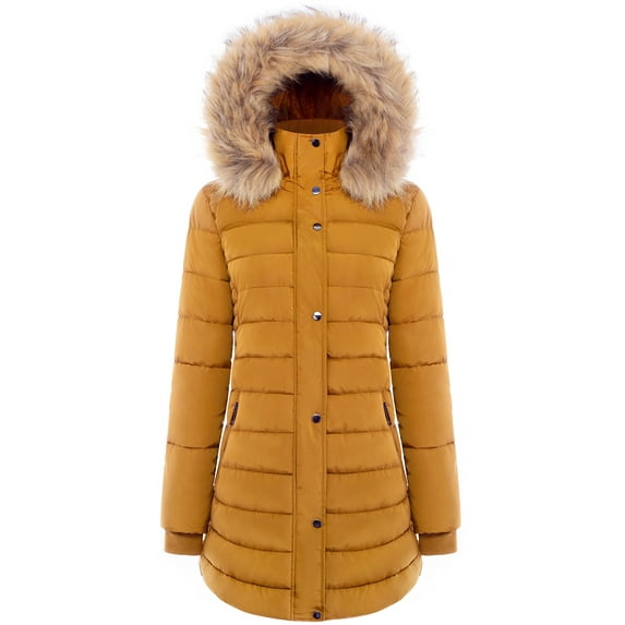 BodiLover, Women's, Winter Quilted Puffer Short Coat Jacket Plus Sizewith Removable Faux Fur Hood and Zipper, Mustard, M