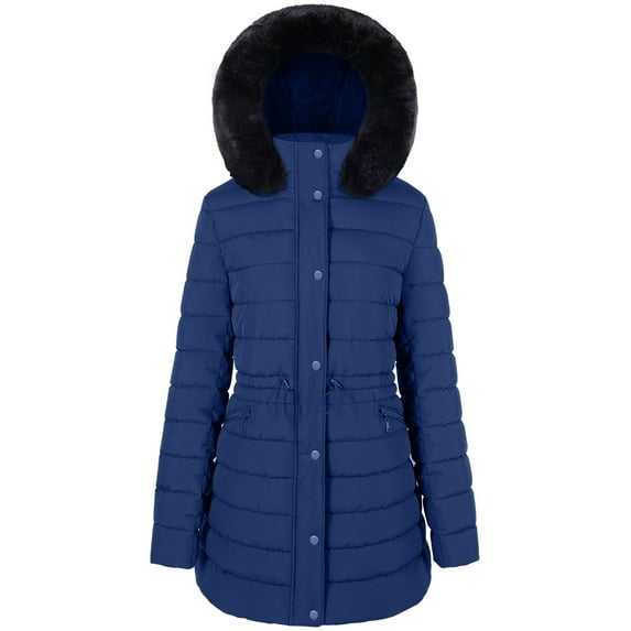 BodiLover, Women's, Winter Quilted Puffer Short Coat Jacket Plus Sizewith Removable Faux Fur Hood and Zipper, Navy, 2XL