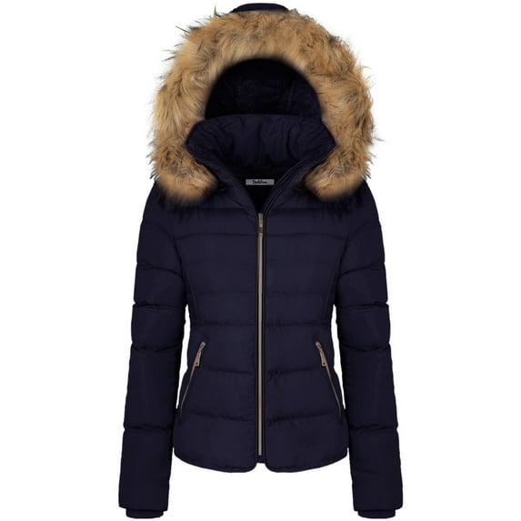 BodiLover, Women's, Winter Quilted Puffer Short Coat Jacket Plus Sizewith Removable Faux Fur Hood and Zipper, Navy, 2X