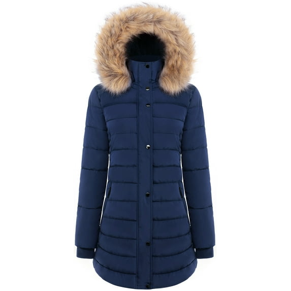 BodiLover, Women's, Winter Quilted Puffer Short Coat Jacket Plus Sizewith Removable Faux Fur Hood and Zipper, Navy, L