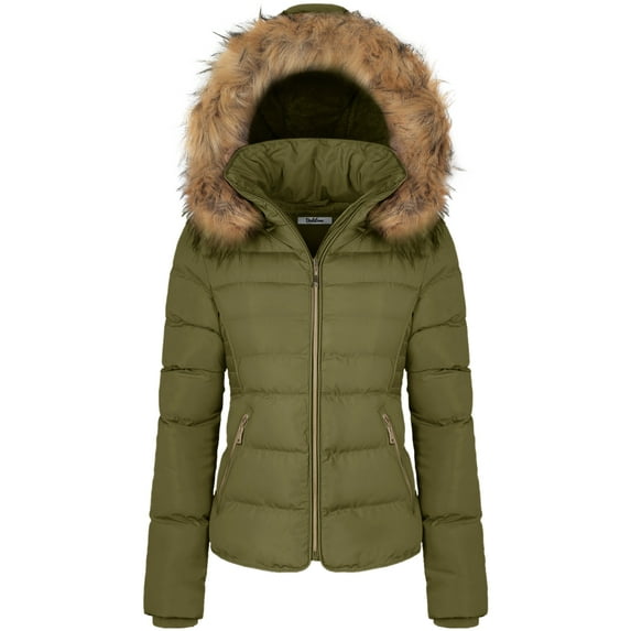 BodiLover, Women's, Winter Quilted Puffer Short Coat Jacket Plus Sizewith Removable Faux Fur Hood and Zipper, Olive, 1X