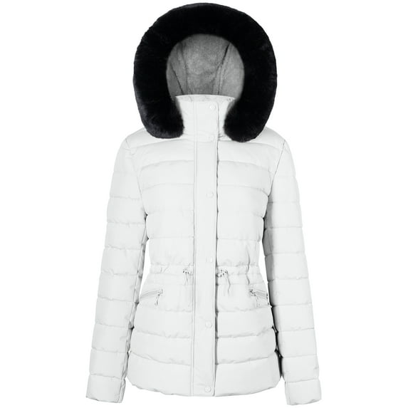 BodiLover, Women's, Winter Quilted Puffer Short Coat Jacket Plus Sizewith Removable Faux Fur Hood and Zipper, White, 3X