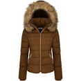thumbnail image 1 of BodiLover, Women's, Winter Quilted Puffer Short Coat Jacket with Removable Faux Fur Hood and Zipper, Light Brown, M, 1 of 4