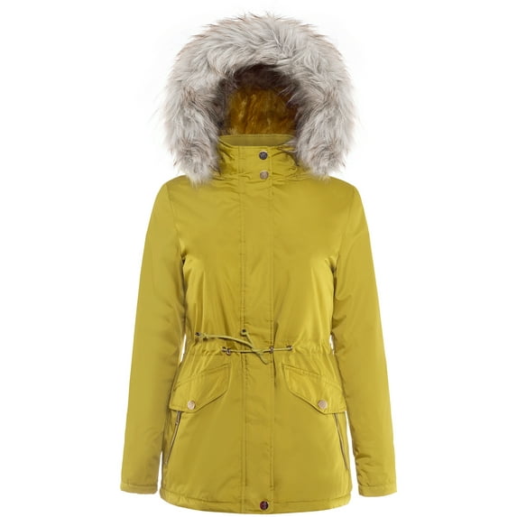 BodiLover, Women's, Winter Short Coat High Collar Jacket with Removable Faux Fur Hood Zipper Snap Buttons, Mustard, XL