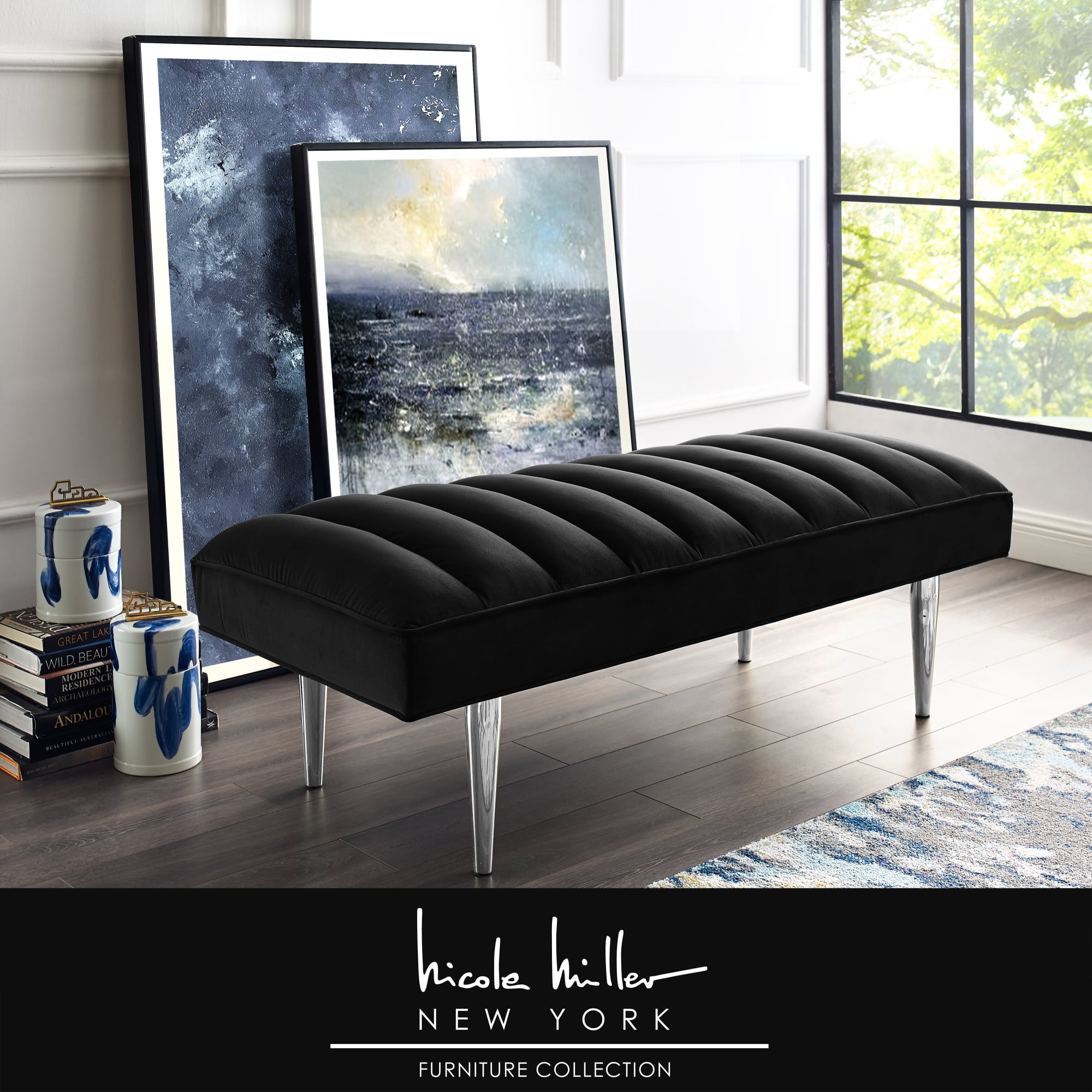 Bodie Black/Chrome Velvet Bench - Upholstered, Channel Tufted, Tapered Mirrorred Lacquer Finish Stainless Steel Legs