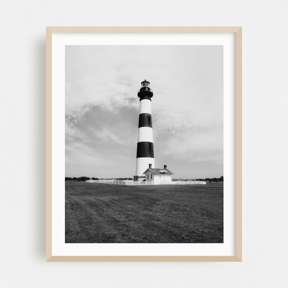 Bodie Island Lighthouse 01 B&W - Nags Head North Carolina Photography Oak Framed Wall Art Print 24 x 30 inches