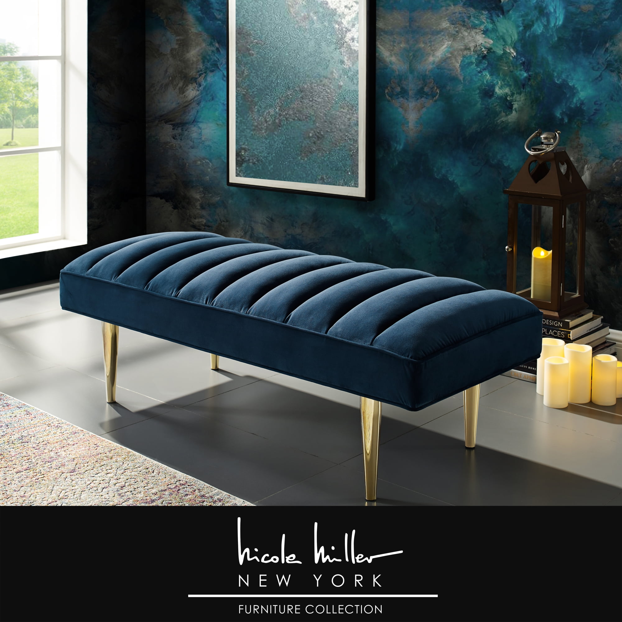 Nicole Miller Merrick Velvet Upholstered Bench Channel Tufted Mirrorred, Navy/Gold