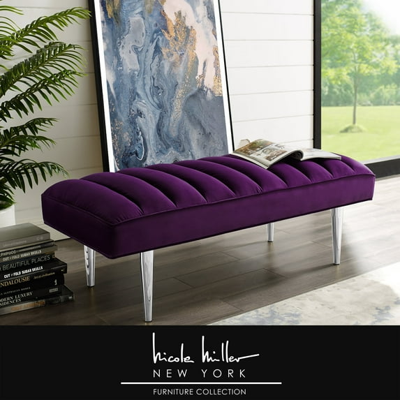 Nicole Miller Bodie Purple/Chrome Velvet Bench - Upholstered, Channel Tufted, Tapered Stainless Steel Legs