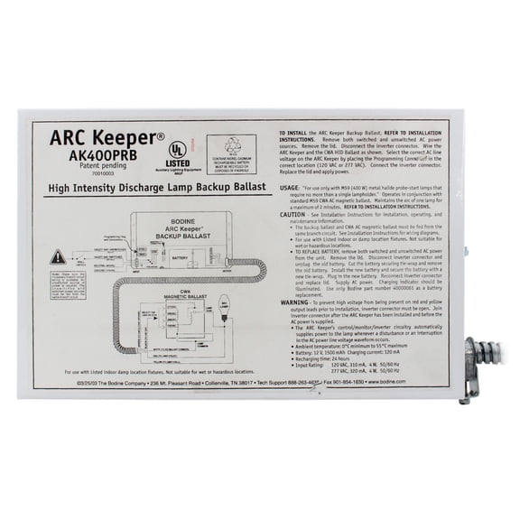 Bodine AK400PRB ARC-Keeper Backup Ballast, 400W Metal-Halide, 2-Minute, 120/277V