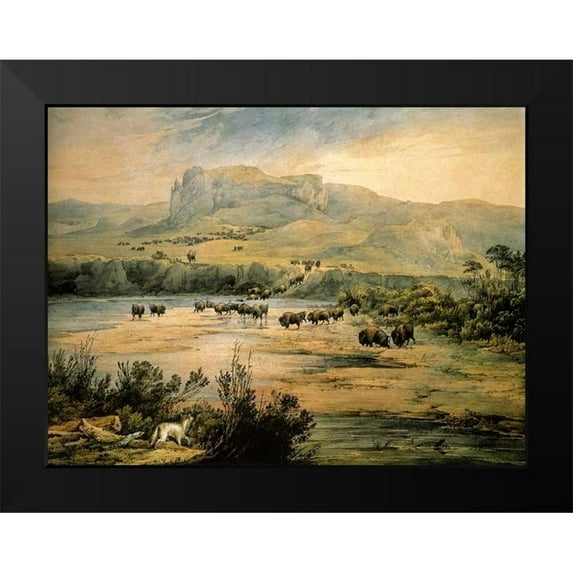 Bodmer, Karl 24x19 Black Modern Framed Museum Art Print Titled - Landscape with buffalo on the upper Missouri