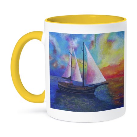 3dRose, Bodrum Gulet Cruise- blue, boats, impressionism, orange, realism, sailboat, sails, 15oz Two-Tone Yellow Mug