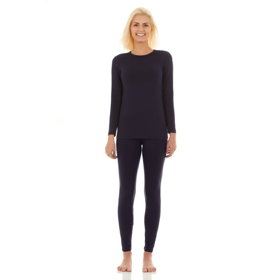 Bodtek Womens Crew Neck Long Johns Base Layer Set (Navy Large)